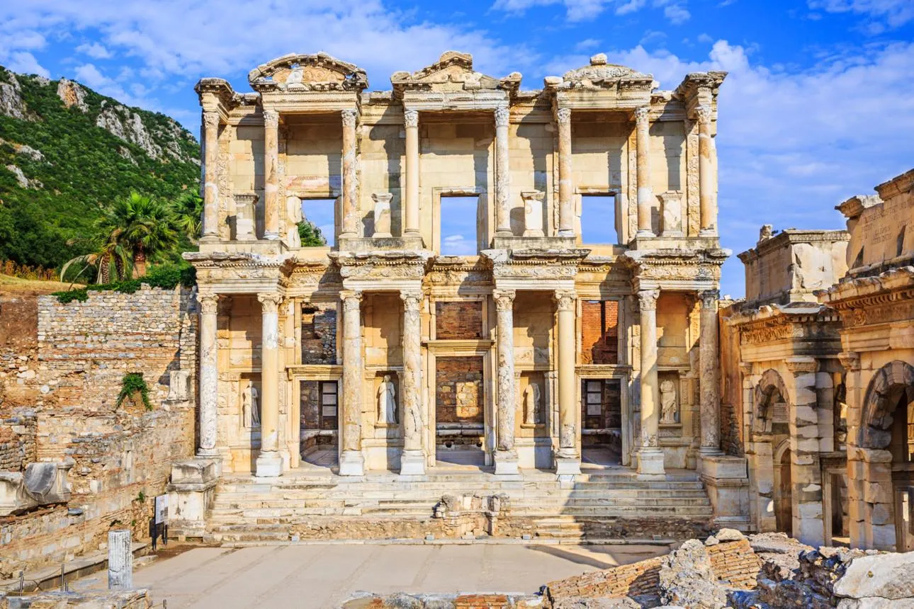 The two-storey marble façade of the Library of Celsus in Ephesus