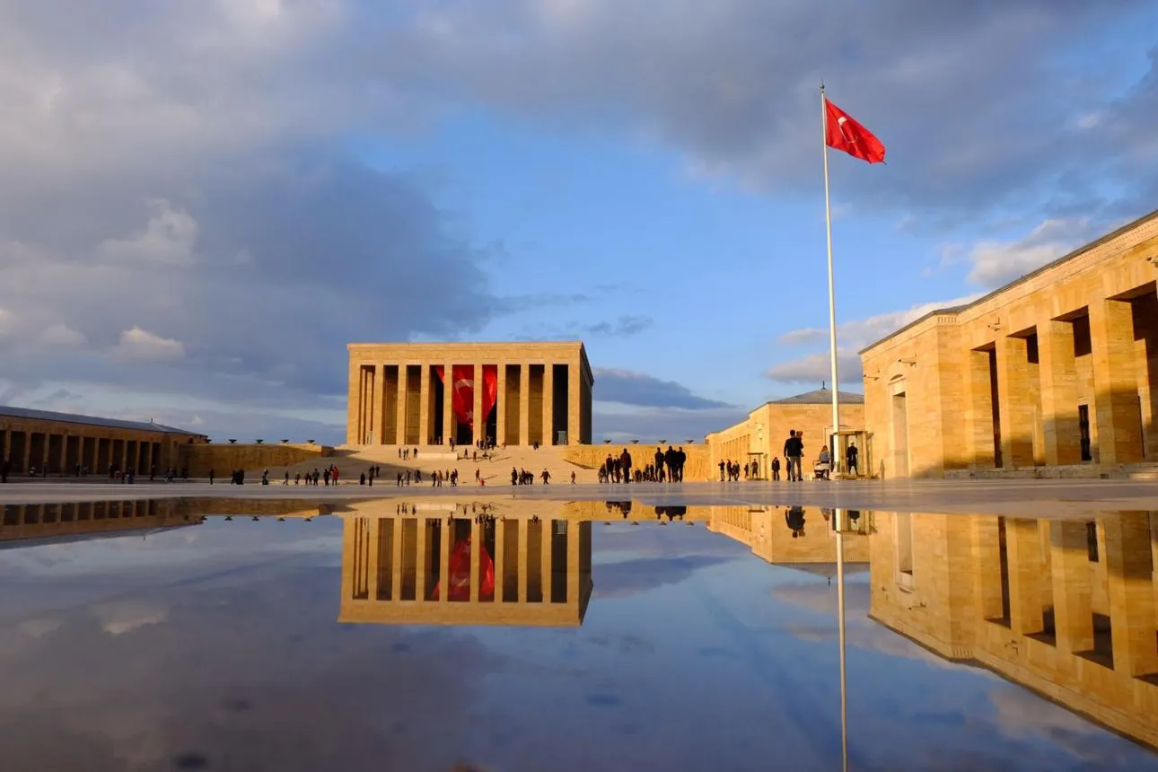 Anıtkabir, the mausoleum of Atatürk, reflected in water at sunset