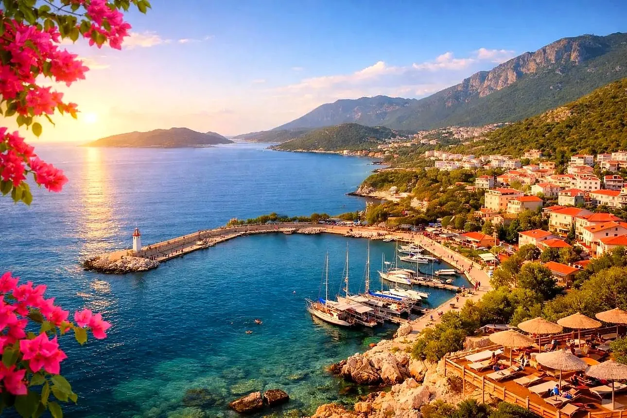 Kaş harbour at sunset with bougainvillea in flower