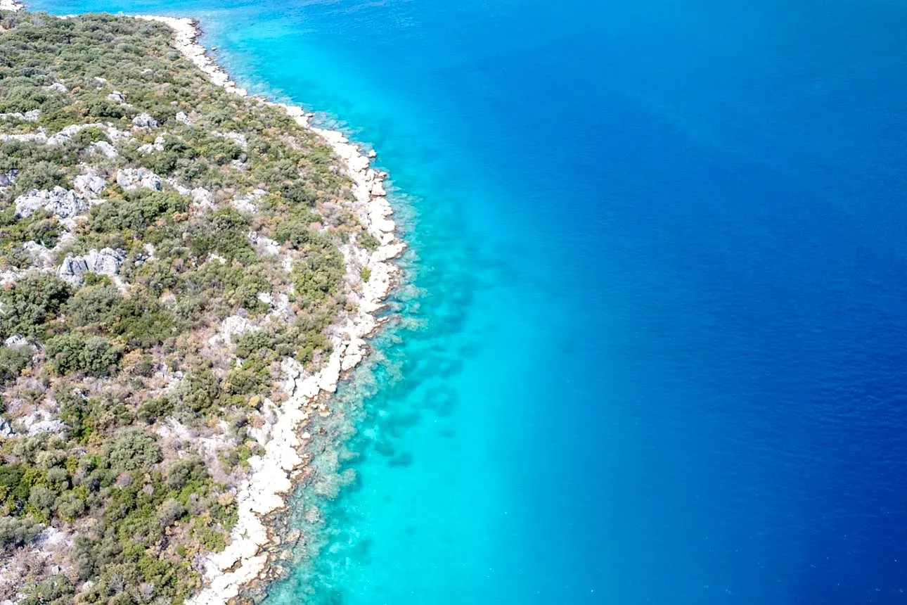 Wild Lycian shoreline above turquoise water