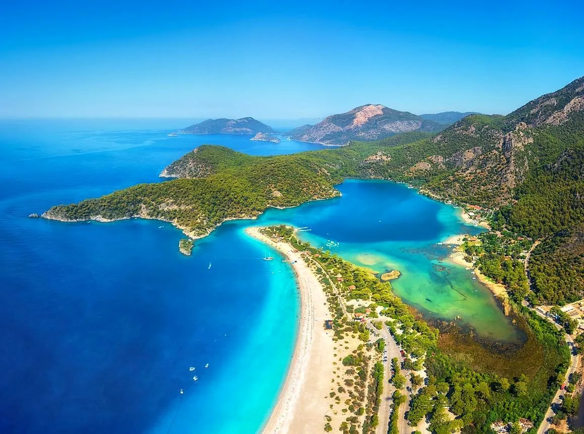 The Blue Lagoon of Ölüdeniz and its long beach from above